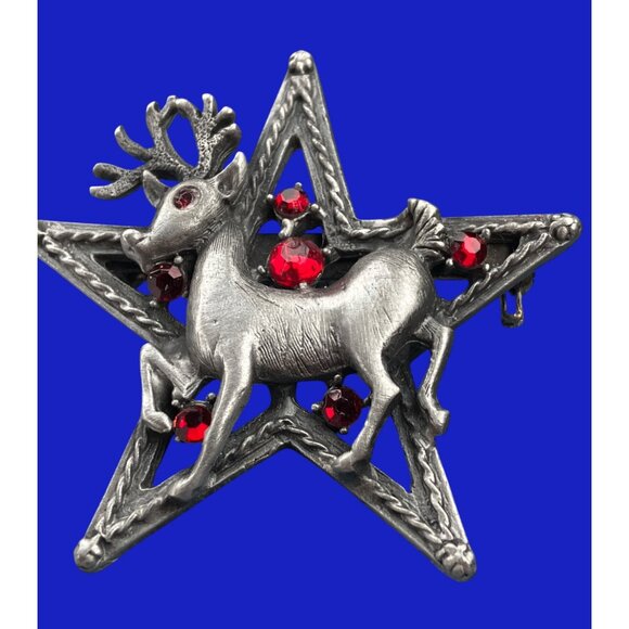 Reindeer Star Brooch With Red Rhinestones Silver-Tone Vintage Pin - Picture 3 of 7